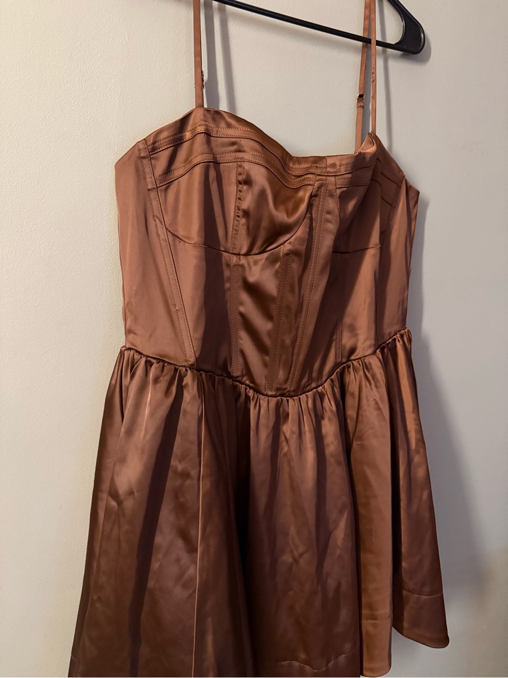 NEW,ASTR-by Anthropologie Brown Satin Fit-and-Flare Dress with Spaghetti Straps - Picture 3 of 5